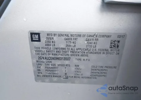 2017 Chevrolet Equinox Lt из США, поврежденный, VIN 2GNALCEK6H6313507